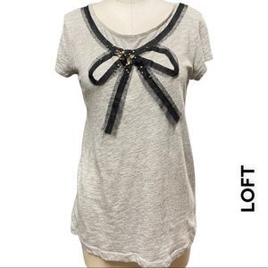 🎆 LOFT bias cut gray short sleeve tee with bow & jewel embellishments + …